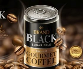 Premium black canned coffee ads with beans background in 3d illustration 02