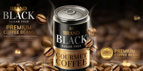 Premium black canned coffee ads with beans background in 3d illustration 02