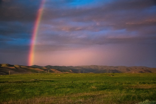 Rainbow after rain in the suburbs Stock Photo
