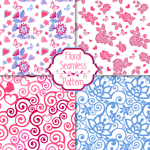 Set of pink seamless patterns with hearts vector