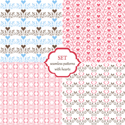Set of seamless patterns with hearts and butterflies vector