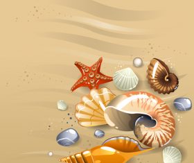 Starfishes and shell with beach background vector 01