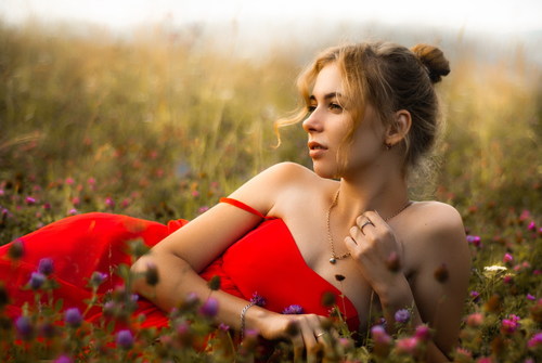 Stock Photo Beautiful woman posing in the flowers
