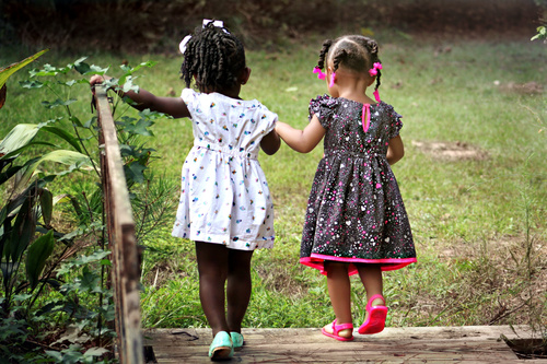 Two little girls hand in hand over wooden bridge Stock Photo