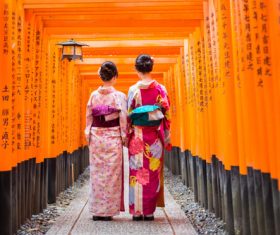 Two women wearing Japanese national costumes and kimonos Stock Photo