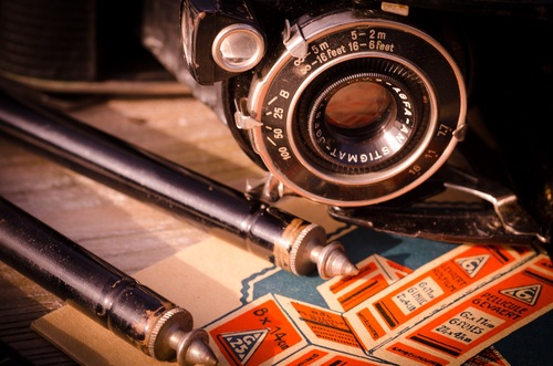 Vintage camera and film Stock Photo