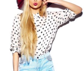 Wearing a red hat posing girl Stock Photo 01