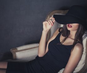 Wearing black hat fashion beautiful woman posing Stock Photo 01