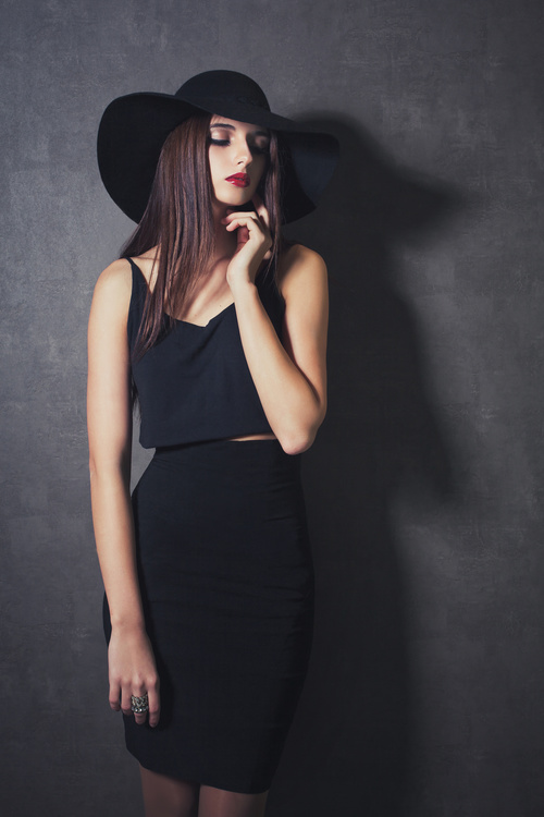 Wearing black hat fashion beautiful woman posing Stock Photo 02