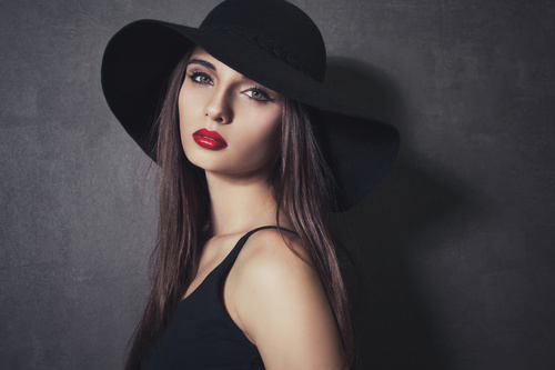 Wearing black hat fashion beautiful woman posing Stock Photo 03
