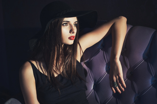Wearing black hat fashion beautiful woman posing Stock Photo 04