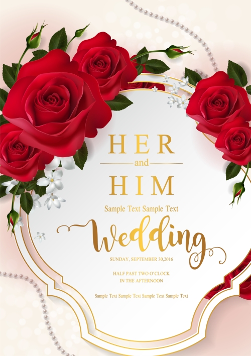 Wedding cards invitation with beautiful roses in vector 12