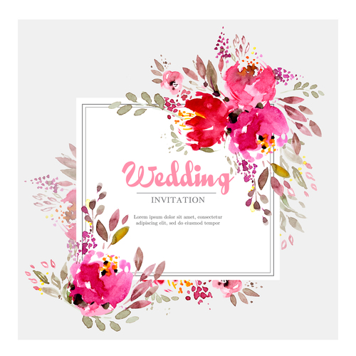 Wedding invitation card with watercolor flower vector 03
