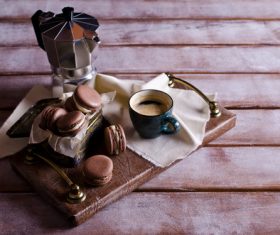 White Cream Macaroon and Coffee on the Desktop Stock Photo 05