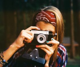 Woman taking photo with camera Stock Photo 02