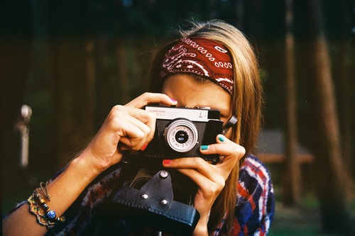 Woman taking photo with camera Stock Photo 02