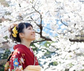 Woman wearing Japanese national costume watching cherry blossoms Stock Photo 01