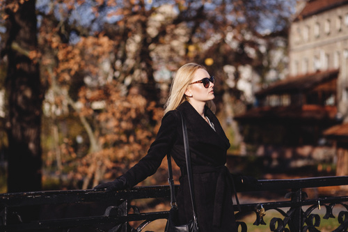 Woman wearing sunglasses standing on the bridge in autumn Stock Photo