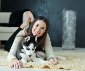 Woman with puppies husky Stock Photo 02