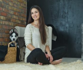Woman with puppies husky Stock Photo 05