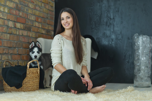 Woman with puppies husky Stock Photo 05
