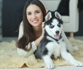 Woman with puppies husky Stock Photo 09