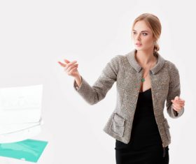 Young pretty businesswoman discarding documents Stock Photo