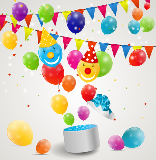 clown with birthday gift and colored balloons vector