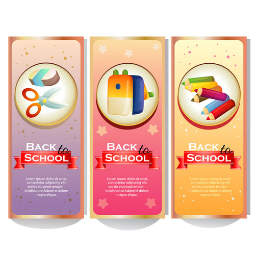 colorful back to school banner collection with school stationary vector