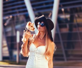 fashion woman is holding pet dog posing Stock Photo 09