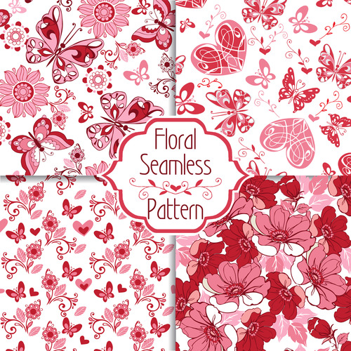 floral seamless pattern with decorative hearts and butterflies vector (1)