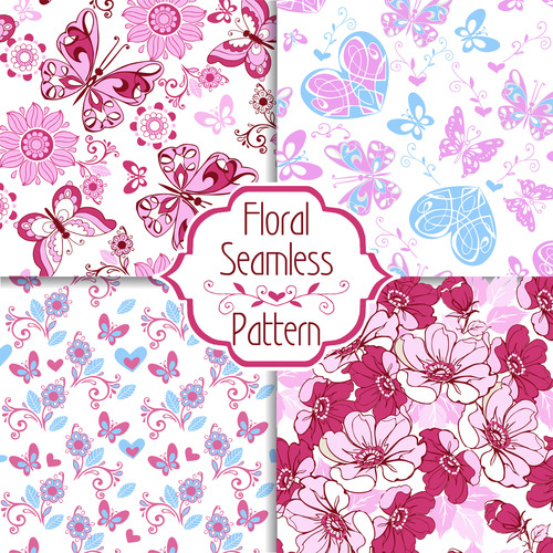 floral seamless pattern with decorative hearts and butterflies vector (2)