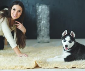puppies husky and girl play Stock Photo 02