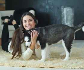 puppies husky and girl play Stock Photo 04