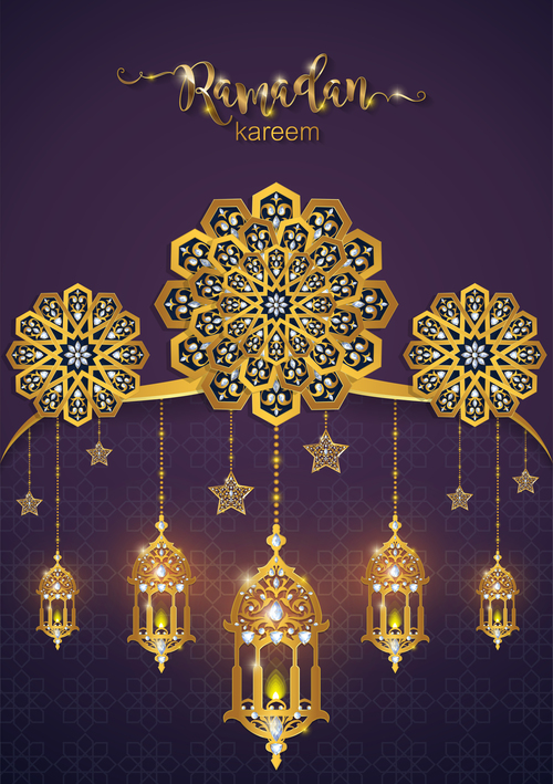 ramadan kareem purple with golden background vector 03