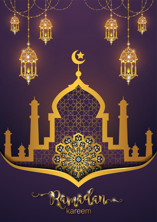 ramadan kareem purple with golden background vector 06