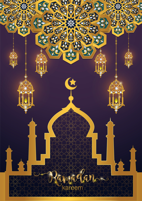 ramadan kareem purple with golden background vector 07