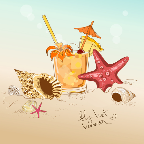 seashell with beach and drink vector
