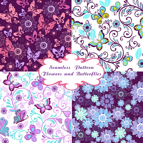 set seamless pattern with flowers and butterflies vector