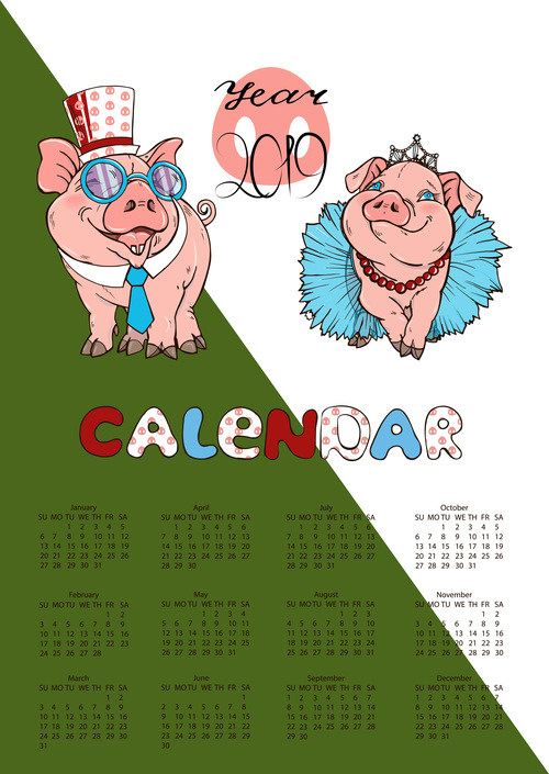 2019 calendar with pig year design vector 01