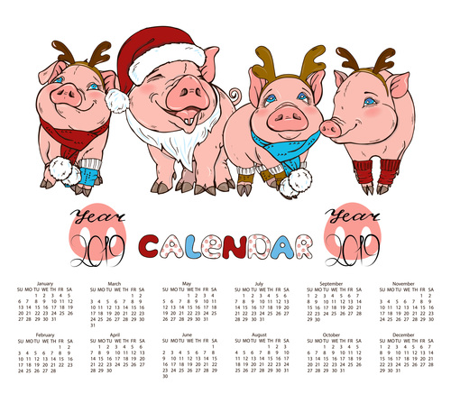2019 calendar with pig year design vector 02