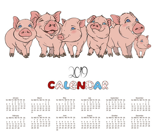 2019 calendar with pig year design vector 03