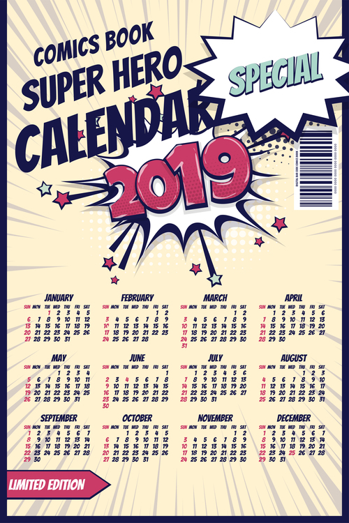 2019 cartoon calendar template vectors 02
