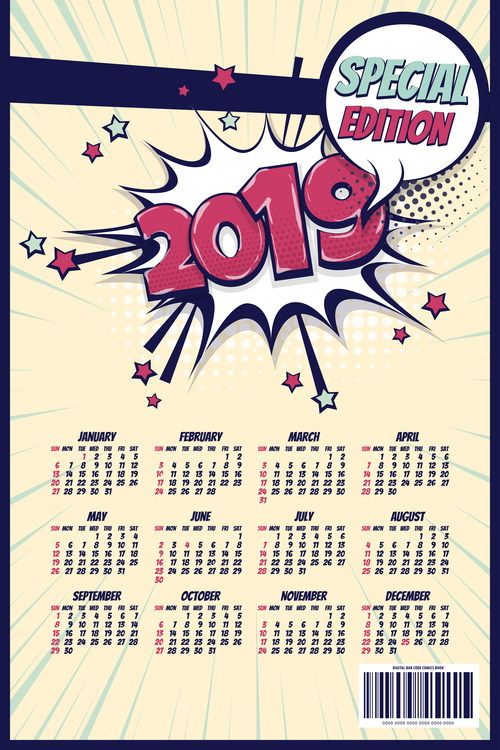 2019 cartoon calendar template vectors 04