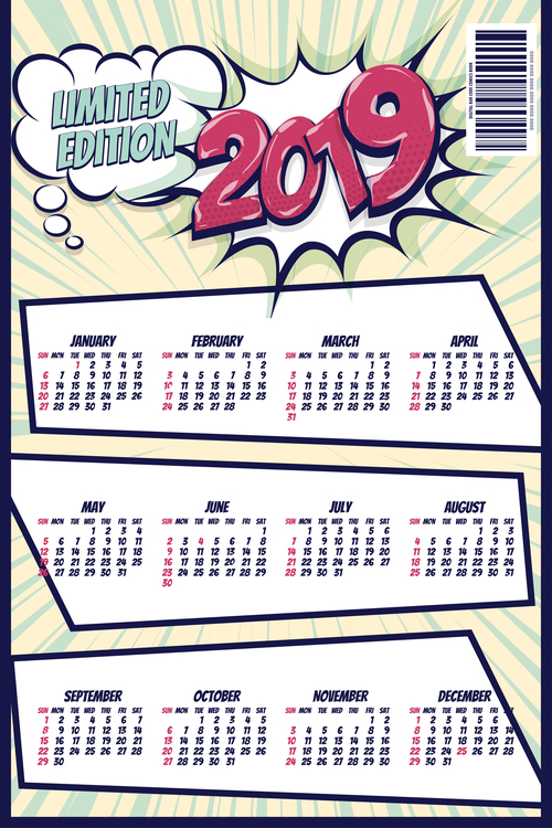 2019 cartoon calendar template vectors 05