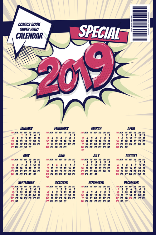 2019 cartoon calendar template vectors 06