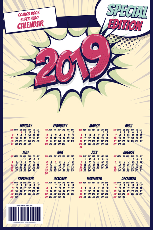 2019 cartoon calendar template vectors 07