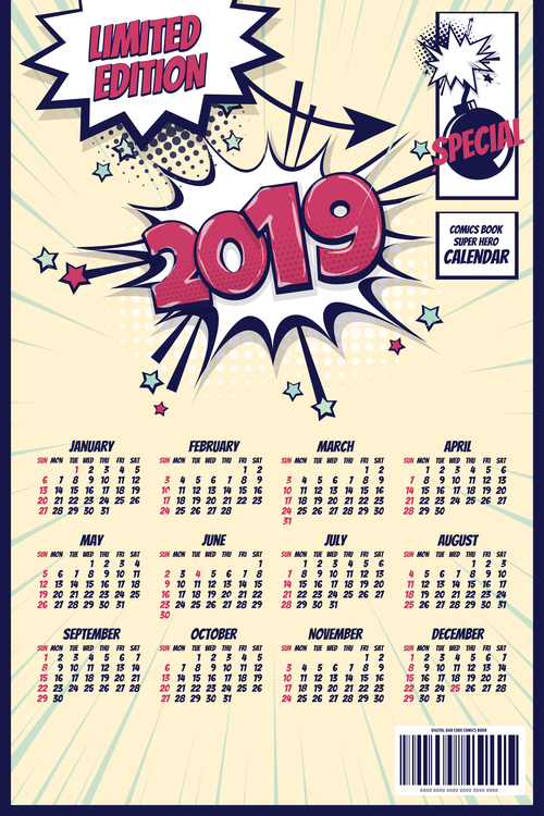 2019 cartoon calendar template vectors 08