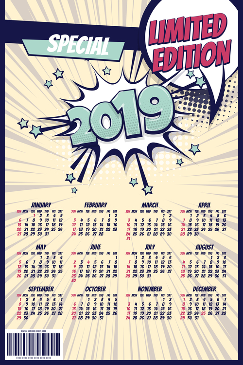 2019 cartoon calendar template vectors 09