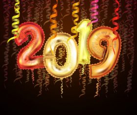 2019 new year balloon text with colored ribbon vector